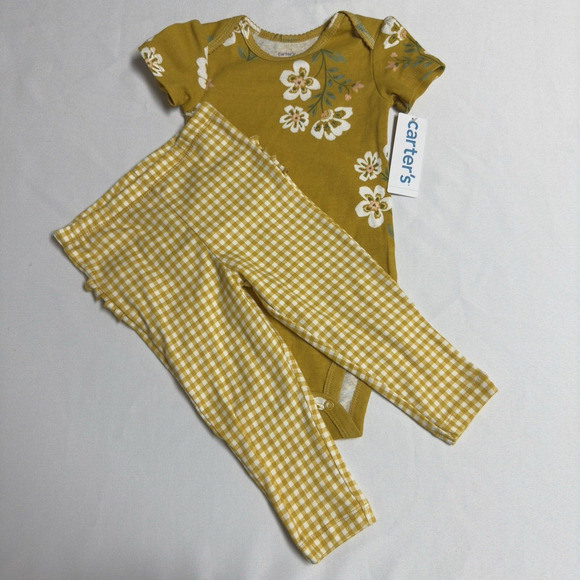 Carter's Short Sleeve Floral Bodysuit & Gingham Leggings Set Baby Girl 12M Gold - Picture 1 of 8